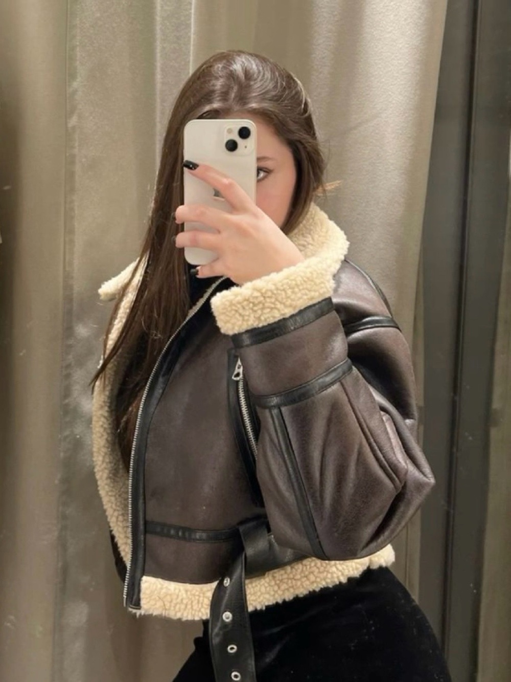 ZARA Brown Double-Faced Faux Shearling Trim Short Aviator Jacket - S - Picture 6 of 8
